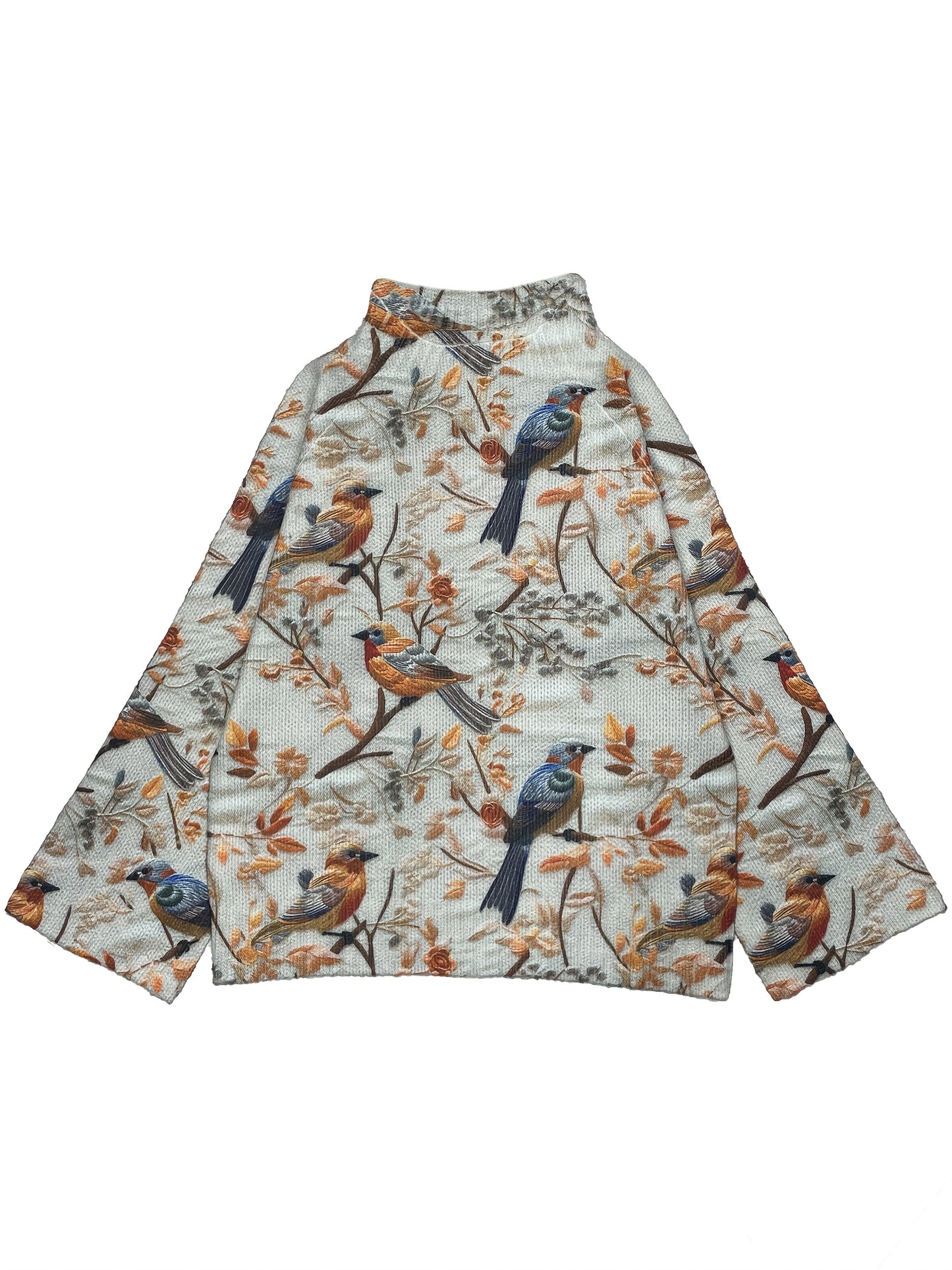 Damstickad tröja med fågelmotiv och hög krage – elegant vardagsmode