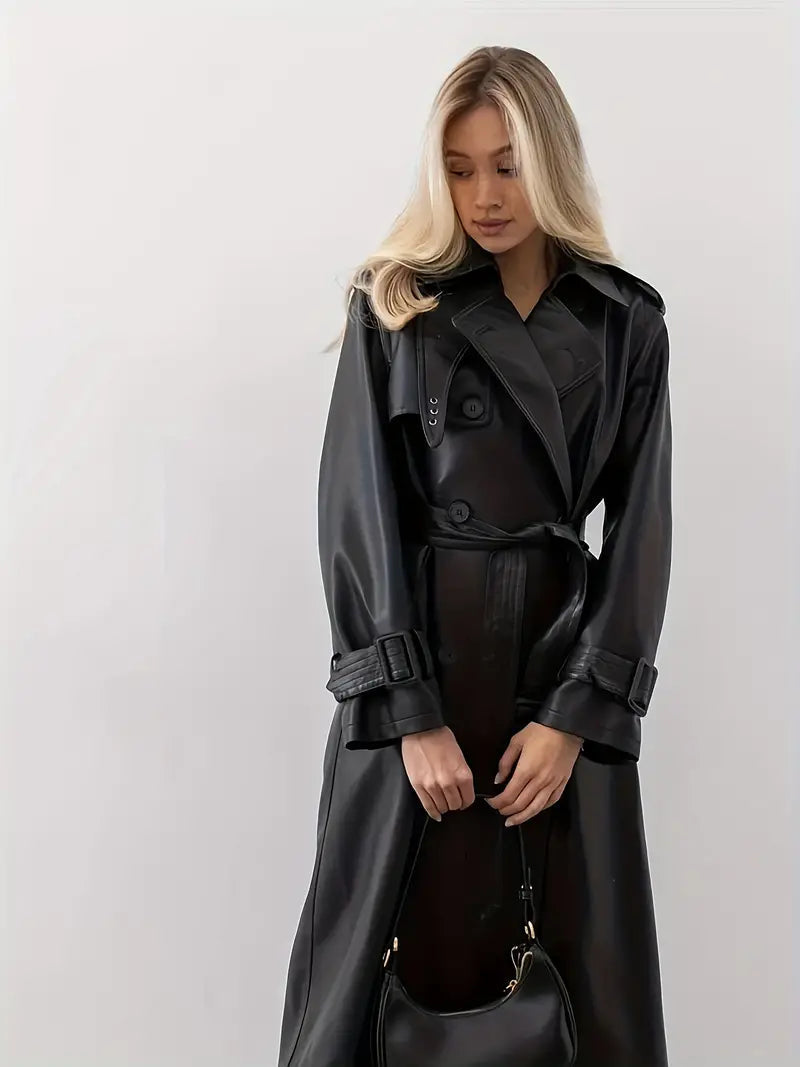 Dam Trenchcoat – Lång Klassisk Stil med Bälte och Breda Reverser – Perfekt för Höst och Vinter
