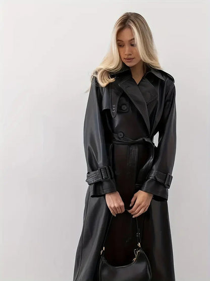 Dam Trenchcoat – Lång Klassisk Stil med Bälte och Breda Reverser – Perfekt för Höst och Vinter