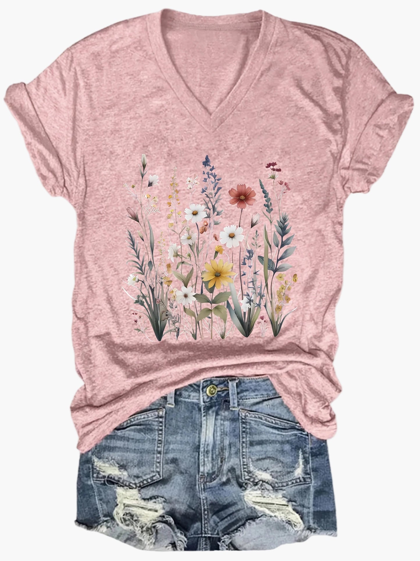 Dam T-shirt med v-ringning och blommönster – avslappnad sommarstil