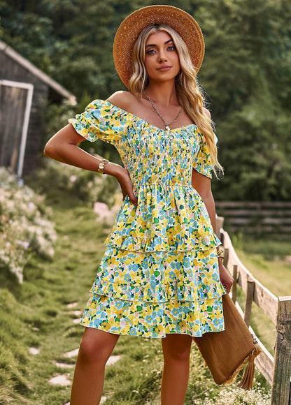 Leanne – Blommig Volang Sommarklänning Korta Ärm Off Shoulder Mini Klänning Strand