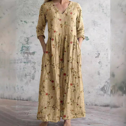 Damklänning Bohemisk Långärmad V-ringad Blommig Vintage Stil – Perfekt för Vardag och Fester