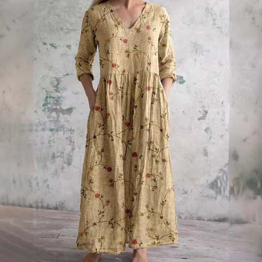 Damklänning Bohemisk Långärmad V-ringad Blommig Vintage Stil – Perfekt för Vardag och Fester