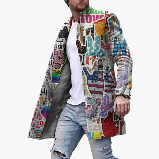 Herr Grafisk Lång Kappa – Trendig Streetwear Statementjacka för Män