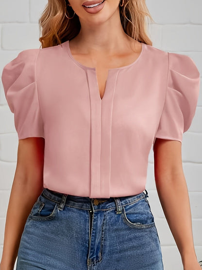 Dam Elegant Blus med Puffärm och Split Neck - Kontor & Fest