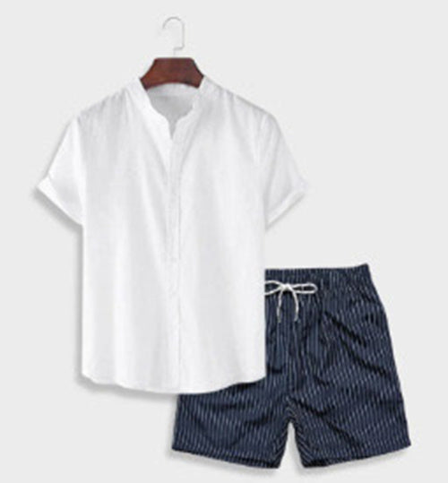 Herrset Sommar Kortärmad Skjorta och Shorts – Trendigt Avslappnat Set för Vardag och Semester