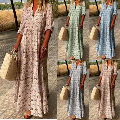 Donna – Vintage Stående Hals Oversized Mode Lös Passform Klänning