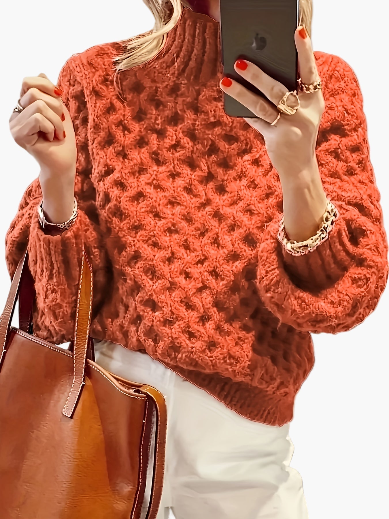 Damstickad Polotröja med Strukturmönster – Trendig Höst/Vintertröja för Vardagsbruk