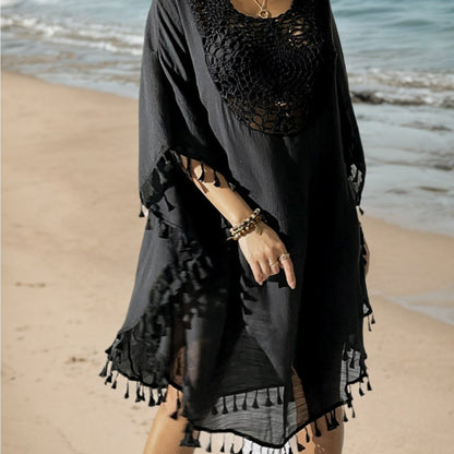 Dam Poncho-Kaftan Strandtunika Med Virkad Detalj och Toffsar – Bohemisk Semesterstil