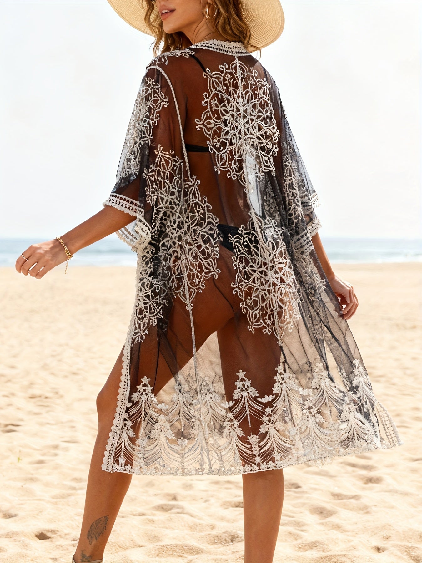Dam Kimono Strandtunika med Broderi – Bohemisk Strandlook för Semester och Bad