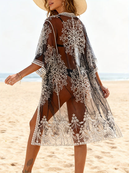 Dam Kimono Strandtunika med Broderi – Bohemisk Strandlook för Semester och Bad