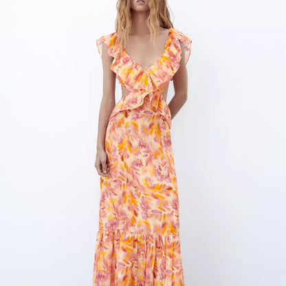 Damklänning med volang och ärmlös lång design – Perfekt för sommar och fest