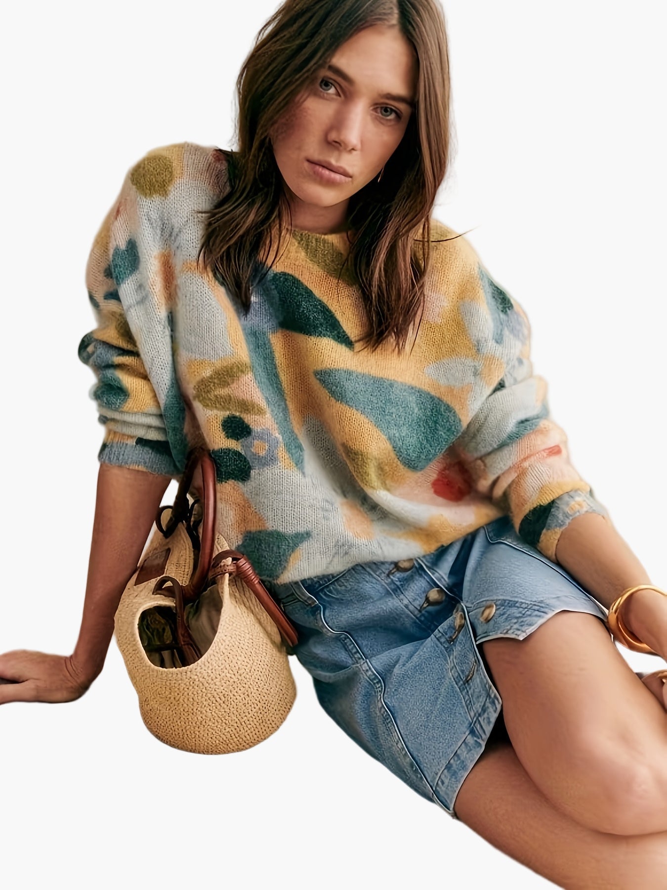 Damtröja – Elegant stickad blommig mönster, avslappnad höst/vinterstil