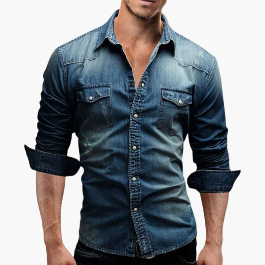 Herr Skjorta Denim Västerntstil med Tryckknappar – Tidlös Casual Look