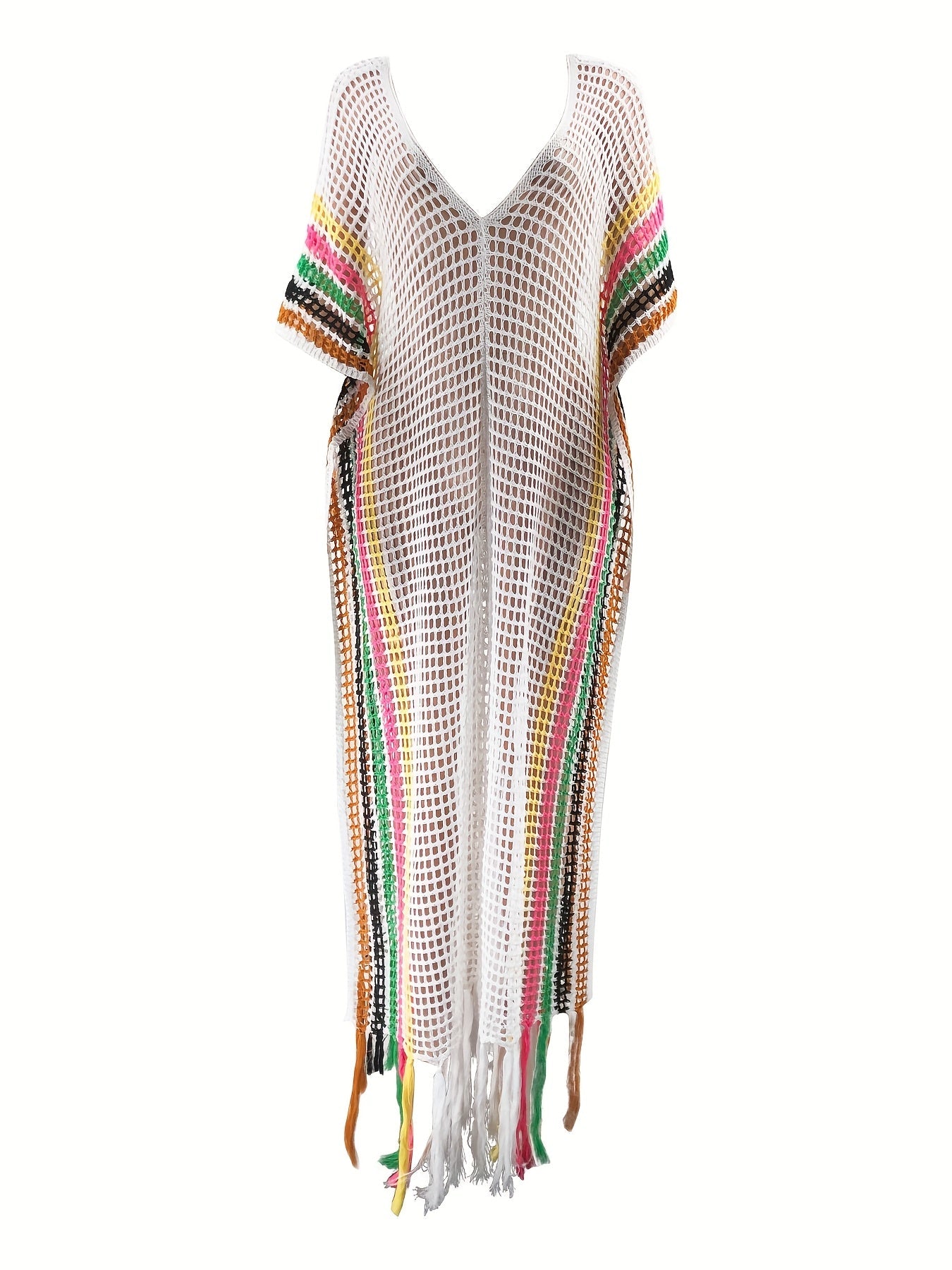 Dam Strandkaftan Boho Mesh Lång Täckande Sommarklänning med Fransar och Färgglada Ränder