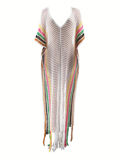 Dam Strandkaftan Boho Mesh Lång Täckande Sommarklänning med Fransar och Färgglada Ränder