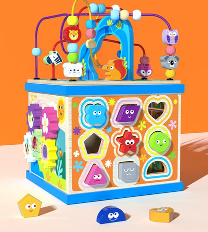 Pedagogisk aktivitetskubs leksak för barn – Utbildande multifunktionell träkub med bokstäver och former