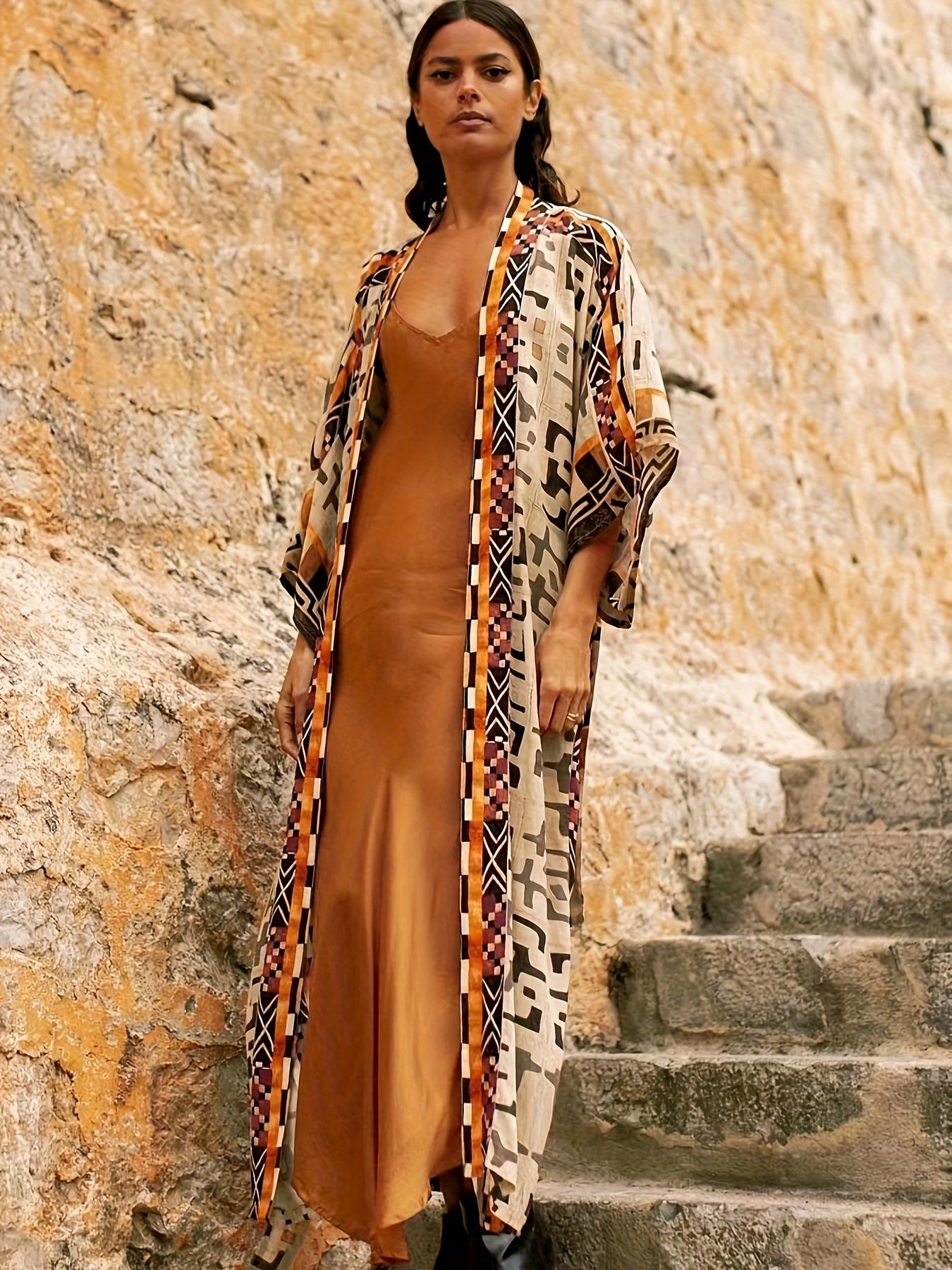 Dam Kimono Lång Bohemisk Strand Kaftan med Geometriskt Mönster – Elegant Sommarplagg