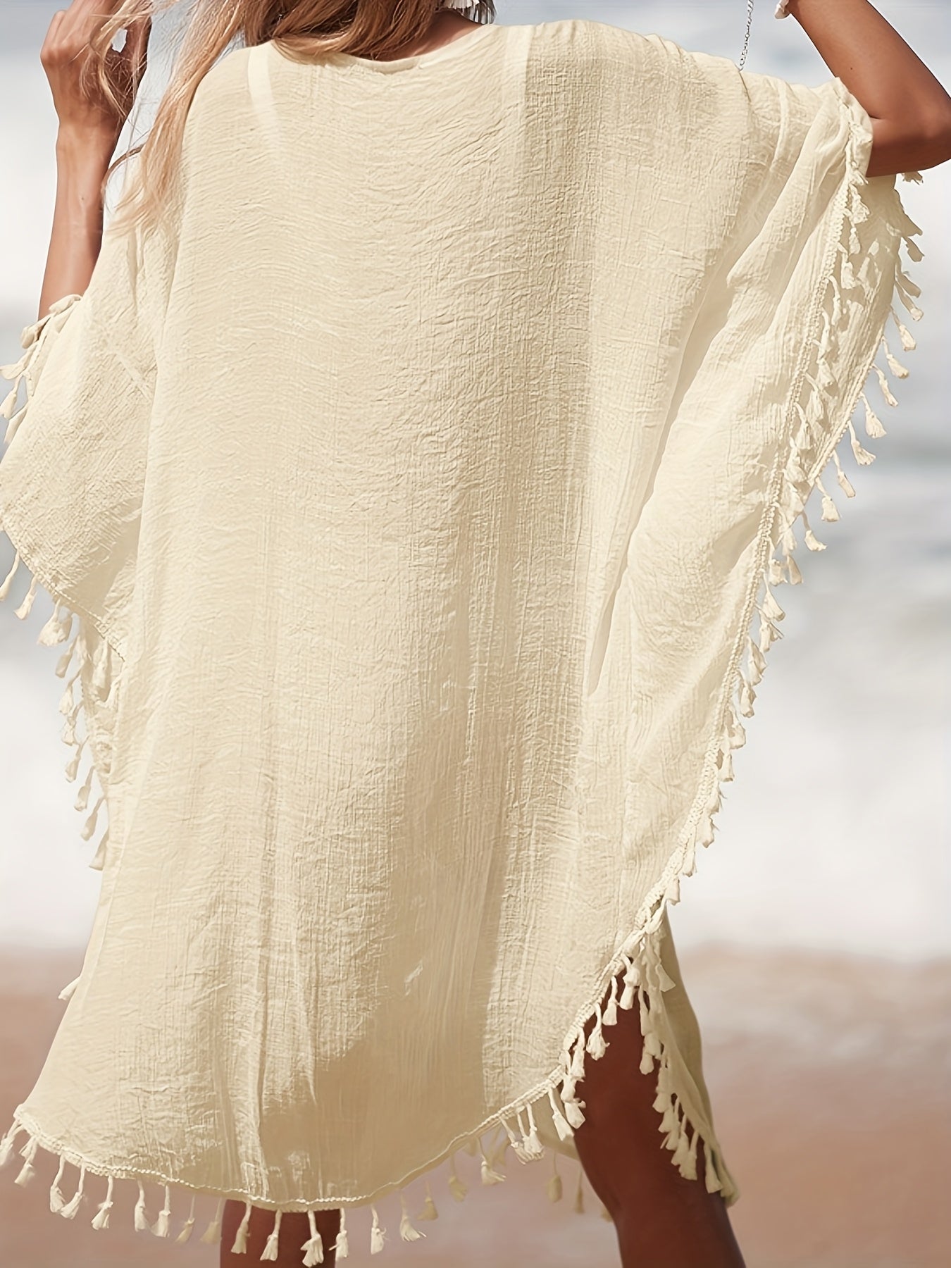 Dam Poncho-Kaftan Strandtunika Med Virkad Detalj och Toffsar – Bohemisk Semesterstil
