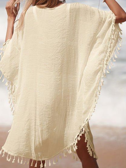 Dam Poncho-Kaftan Strandtunika Med Virkad Detalj och Toffsar – Bohemisk Semesterstil