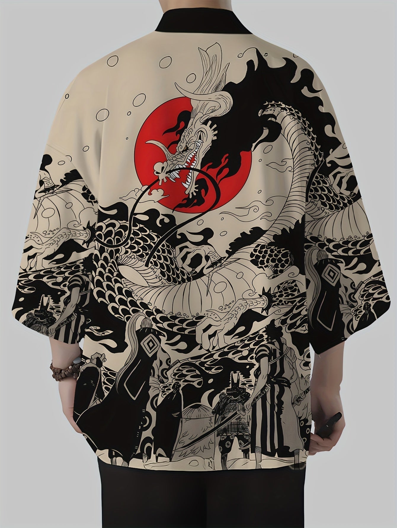 Herr Kimono Streetwear med Japansk Drakmönster – Öppen Kortärmad Casual Jacka