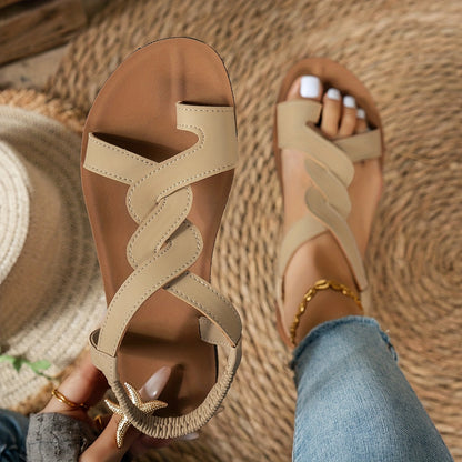 Dam Sandaler med Vågformade Remmar och Stjärndetalj – Platta Sommarsandaler för Semester och Strand