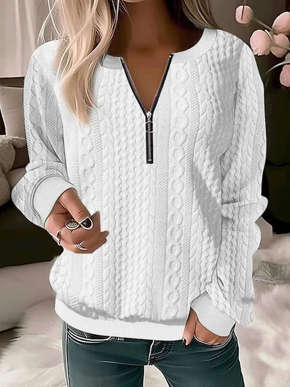 Sandra – Långärmad T-shirt med V-ringning och Dragkedja i Enfärgat