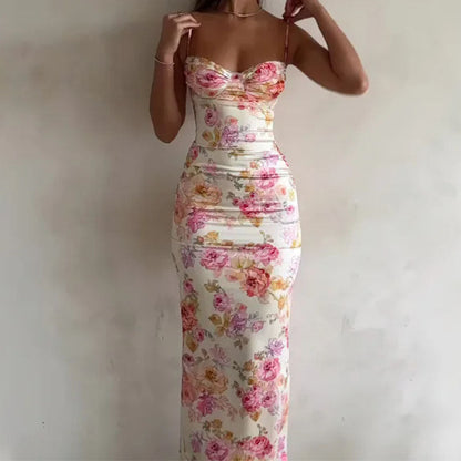 Damklänning Bodycon Blommig Sommarfest Elegant Lång Klänning med Smala Band
