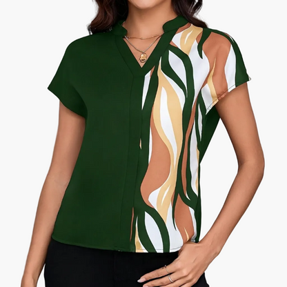 Dam Elegant Blus med Geometriskt Mönster och V-ringning för Kontor och Vardagsbruk