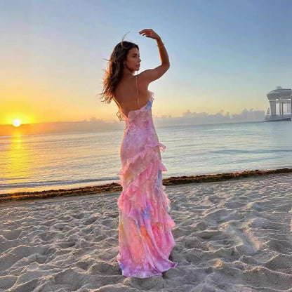 Damklänning – Lång, Elegant, Ärmös Strandklänning för Sociala Evenemang och Semester