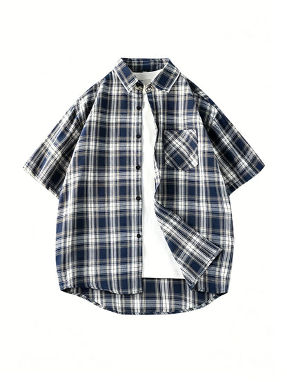 Herr Skjorta Kortärmad Rutigt Mönster Avslappnad Stil Vardagsbruk