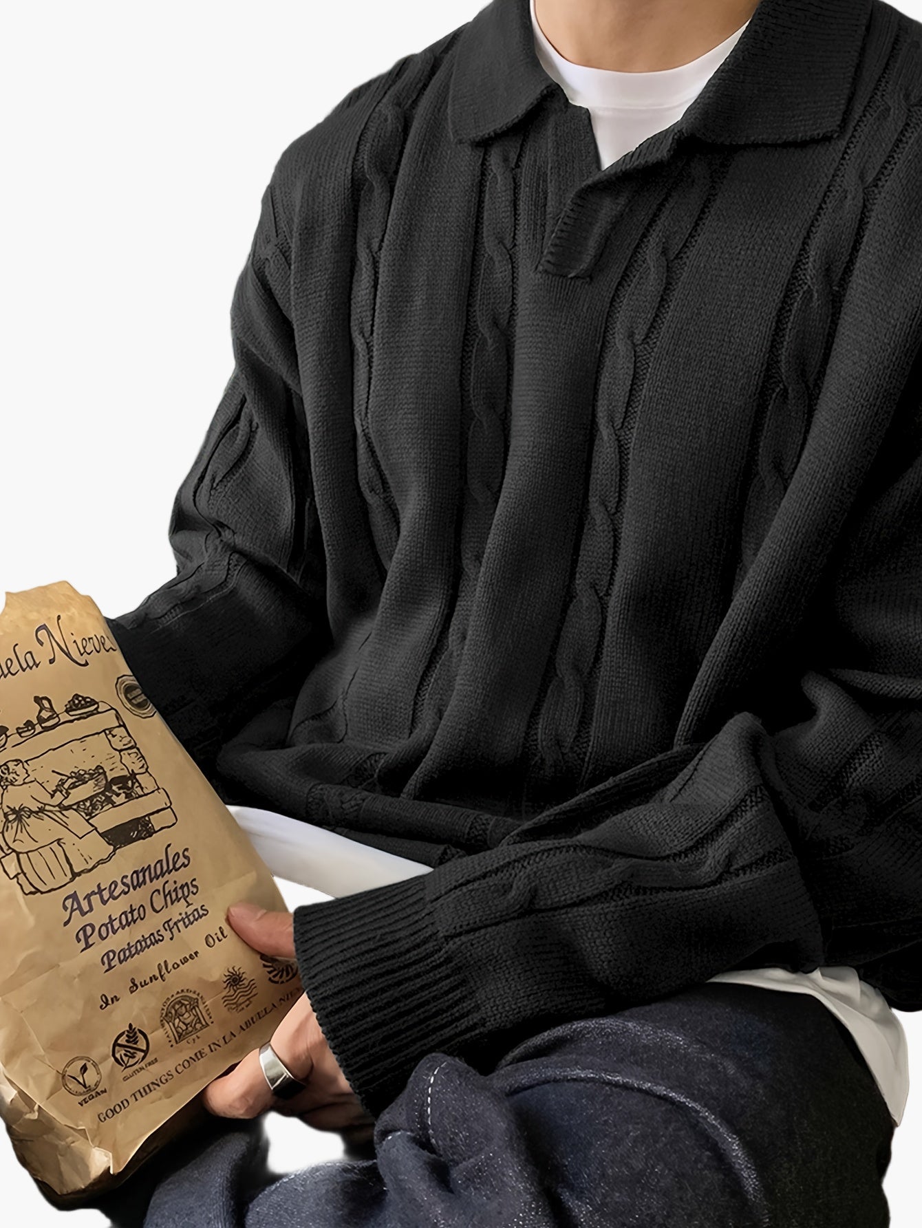 Herrtröja med kabelstickat mönster och polokrage – Avslappnad stil för vardagsbruk