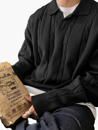 Herrtröja med kabelstickat mönster och polokrage – Avslappnad stil för vardagsbruk