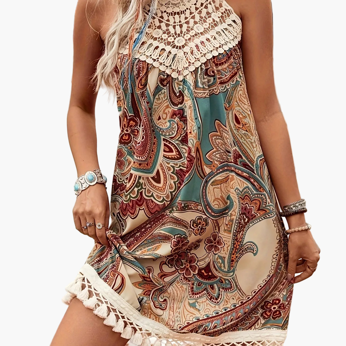 Dam Klänning Boho Tunika Sommar Halterneck Mönstrad Semester