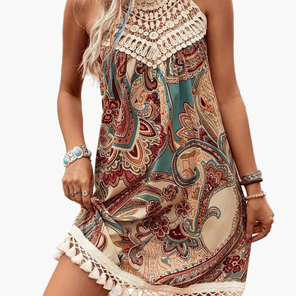 Dam Klänning Boho Tunika Sommar Halterneck Mönstrad Semester