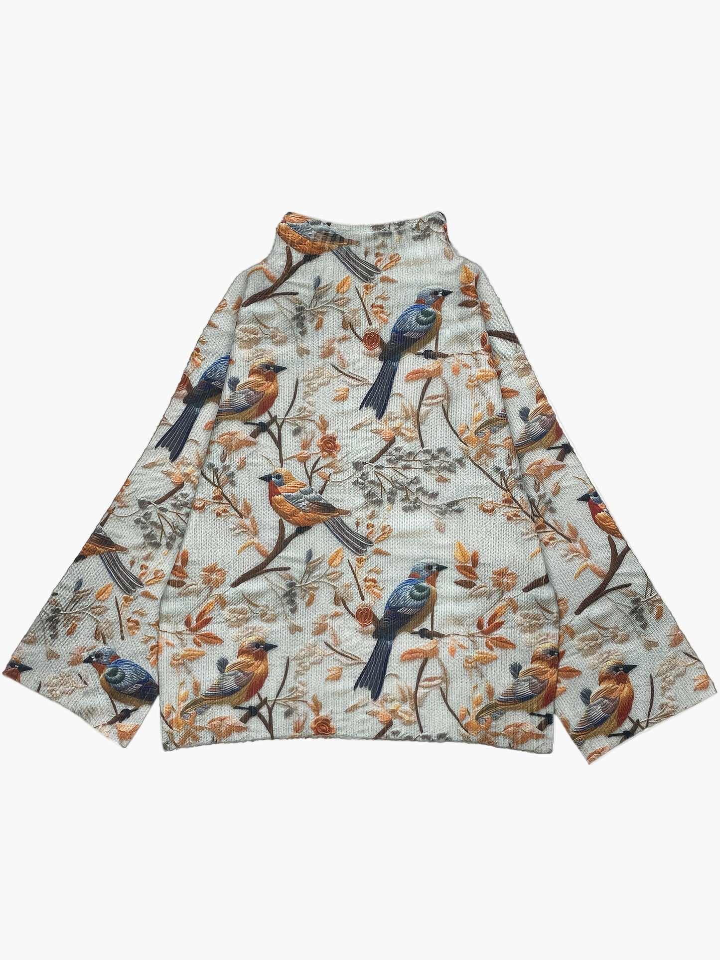 Damstickad tröja med fågelmotiv och hög krage – elegant vardagsmode