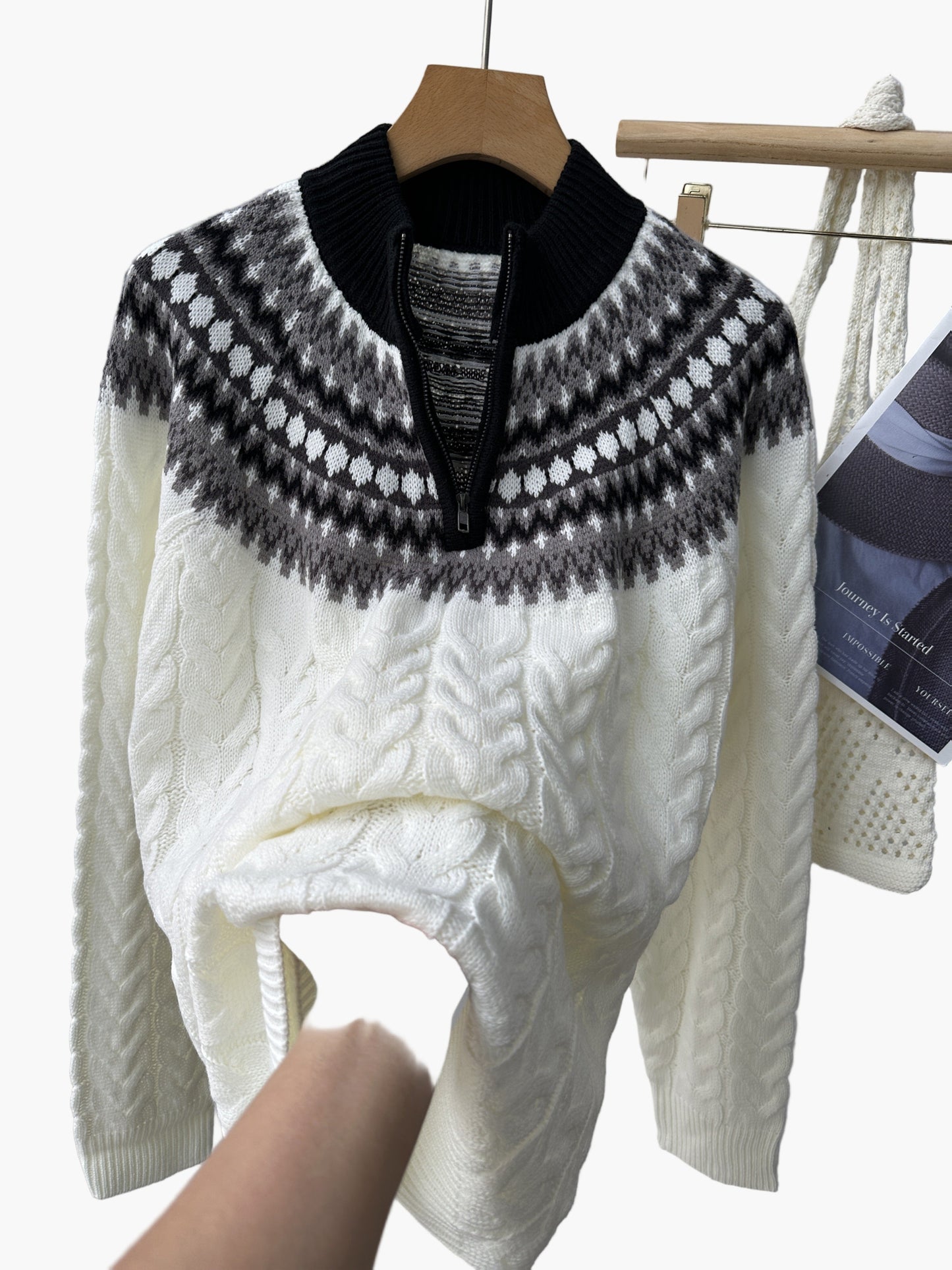 Herrtröja med mönster och halv dragkedja – stickad vintertröja för avslappnad stil