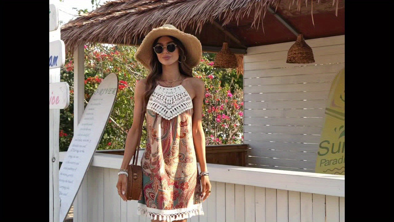 Dam Klänning Boho Tunika Sommar Halterneck Mönstrad Semester