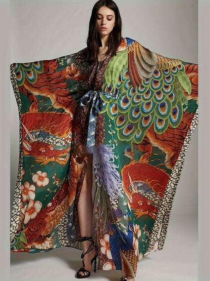 Damernas lyxiga kaftan kimono maxi – dramatisk orientaliskt mönster, perfekt för semester och kvällsbruk