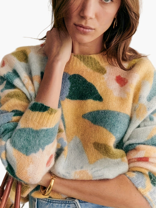 Damtröja – Elegant stickad blommig mönster, avslappnad höst/vinterstil