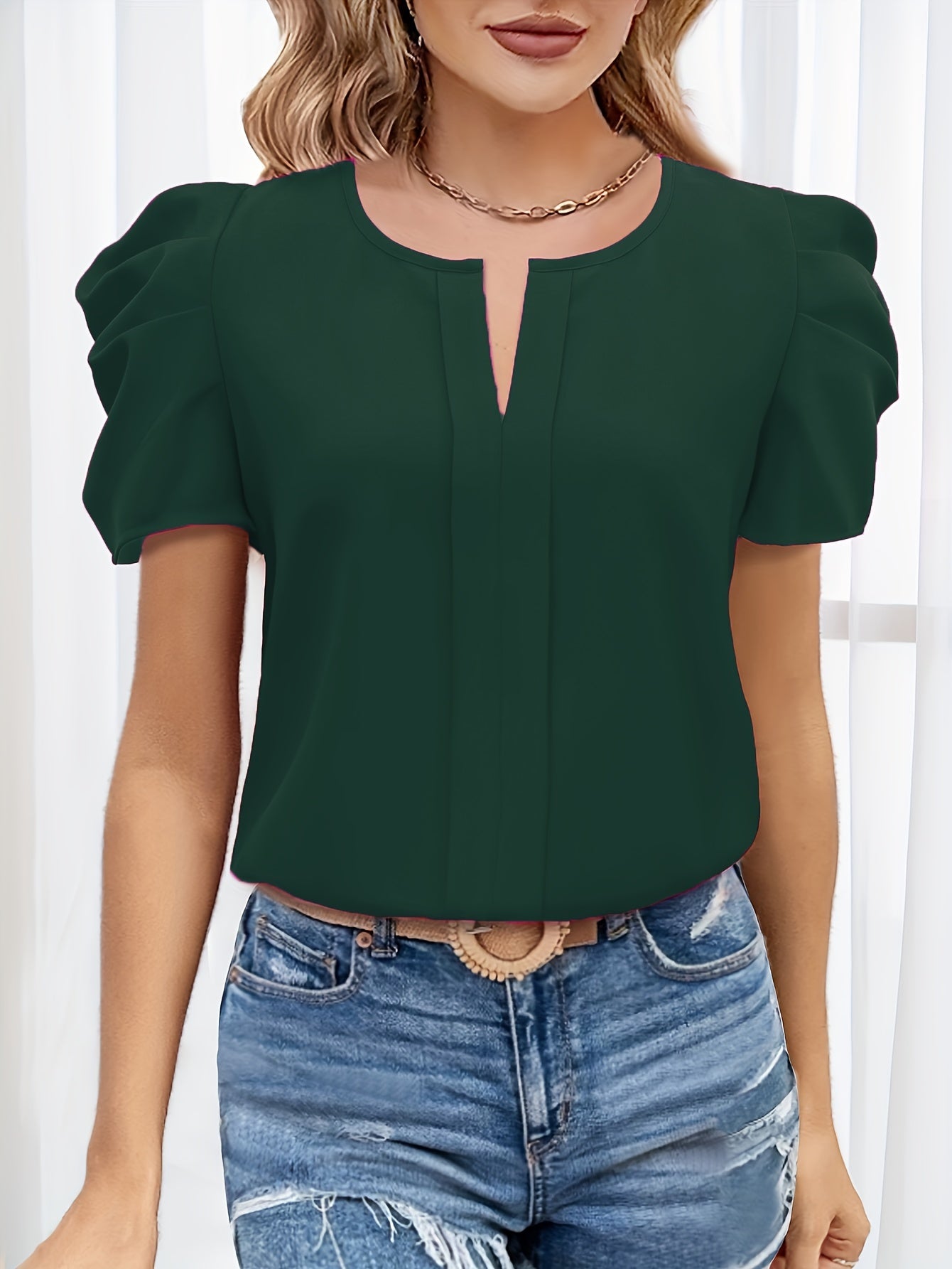 Dam Elegant Blus med Puffärm och Split Neck - Kontor & Fest