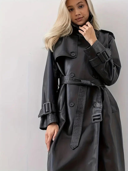 Dam Trenchcoat – Lång Klassisk Stil med Bälte och Breda Reverser – Perfekt för Höst och Vinter