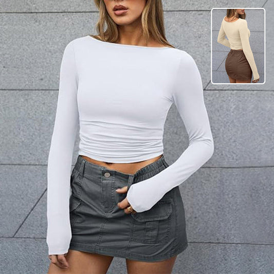 Karen – Slim Långärmad T-shirt Mode Solid Rund Hals Topp Damkläder