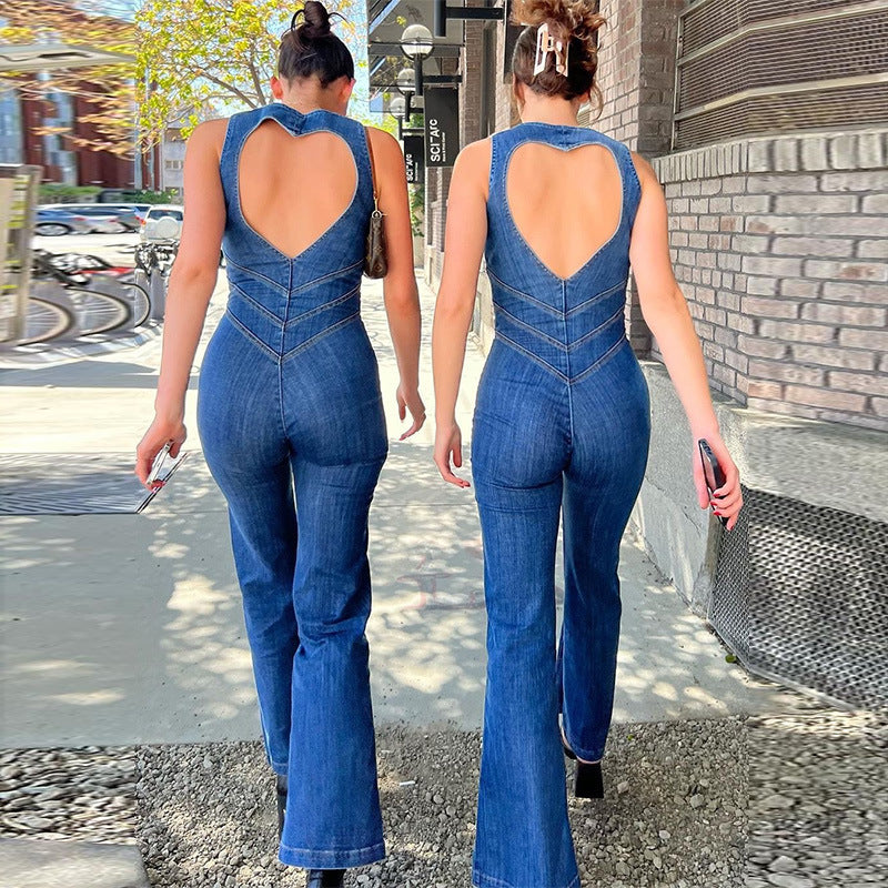 Jade – Sommar Slim Hjärtformad Rygglös Denim Jumpsuit för Kvinnor med Halterneck och Hög Midja