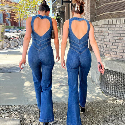 Jade – Sommar Slim Hjärtformad Rygglös Denim Jumpsuit för Kvinnor med Halterneck och Hög Midja