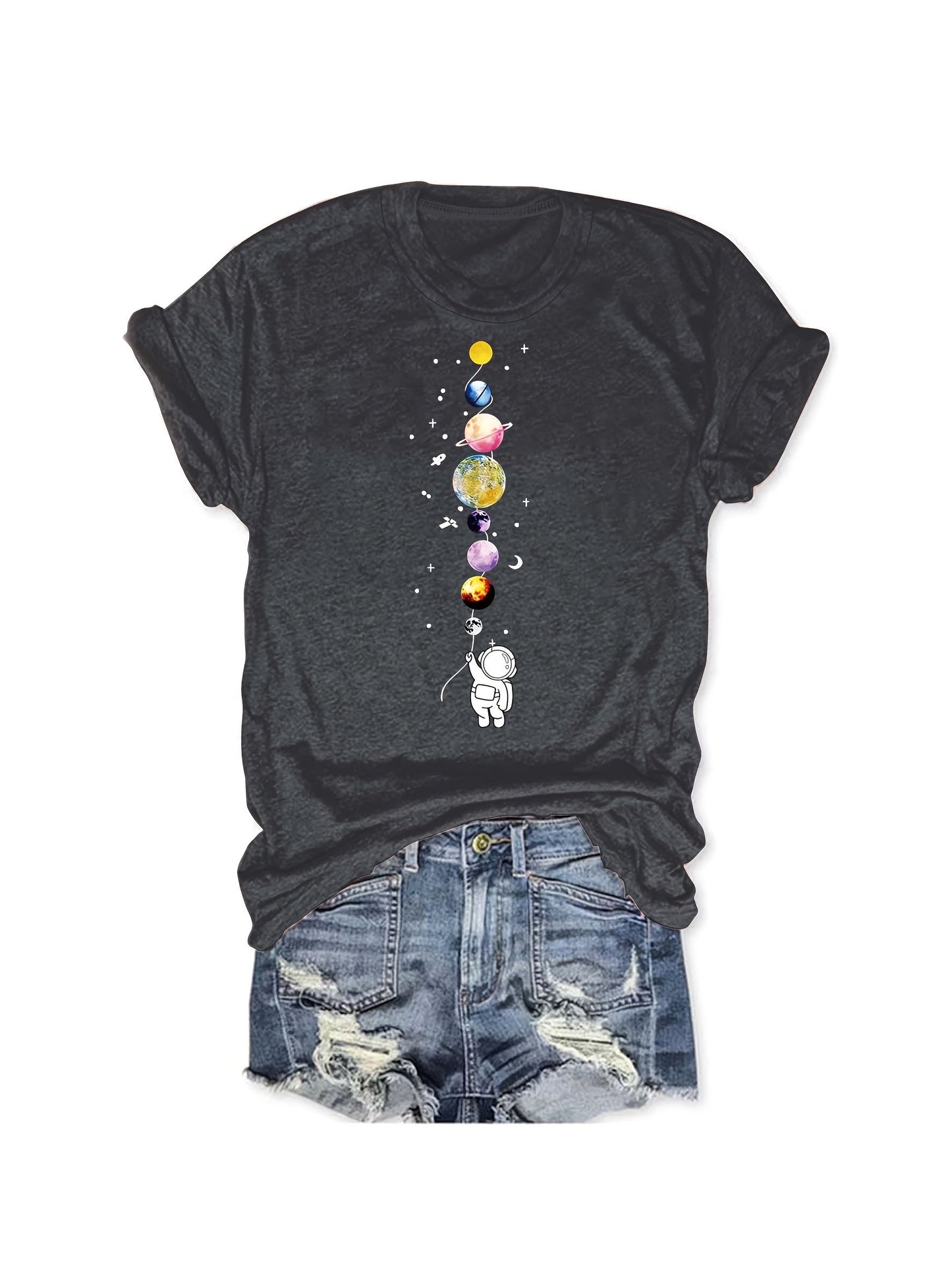 Dam T-shirt med Astronaut och Planeter – Trendig och Kreativ Design, Casual Stil