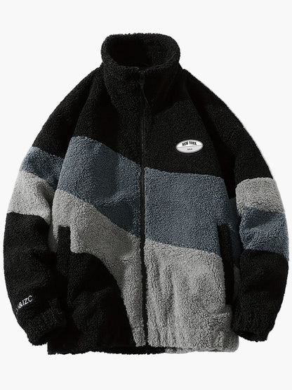 Herr Preppy Fleecejacka med Färgblock och Dragkedja – Trendig Vår- och Höstjacka