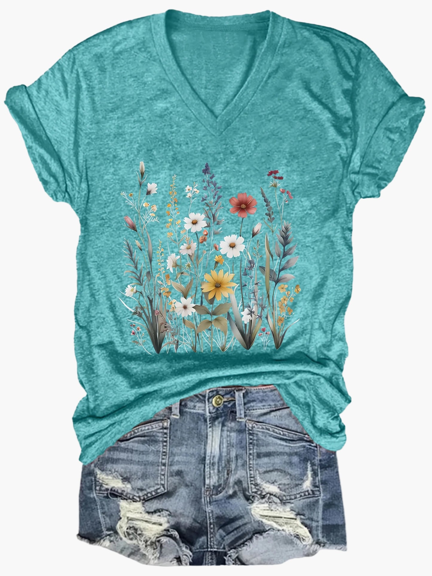 Dam T-shirt med v-ringning och blommönster – avslappnad sommarstil