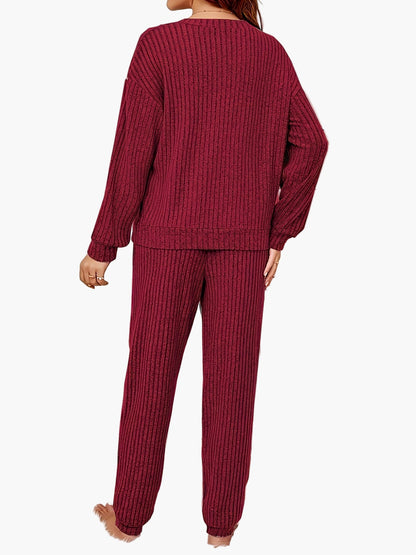 Dam Lounge-set med V-ringning och ribbad design – Perfekt för mys och avkoppling