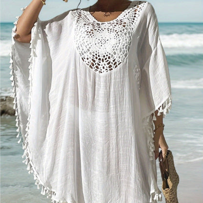 Dam Poncho-Kaftan Strandtunika Med Virkad Detalj och Toffsar – Bohemisk Semesterstil
